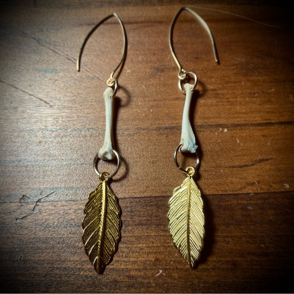 Squirrel Femur Bone Leaf Gold Earrings